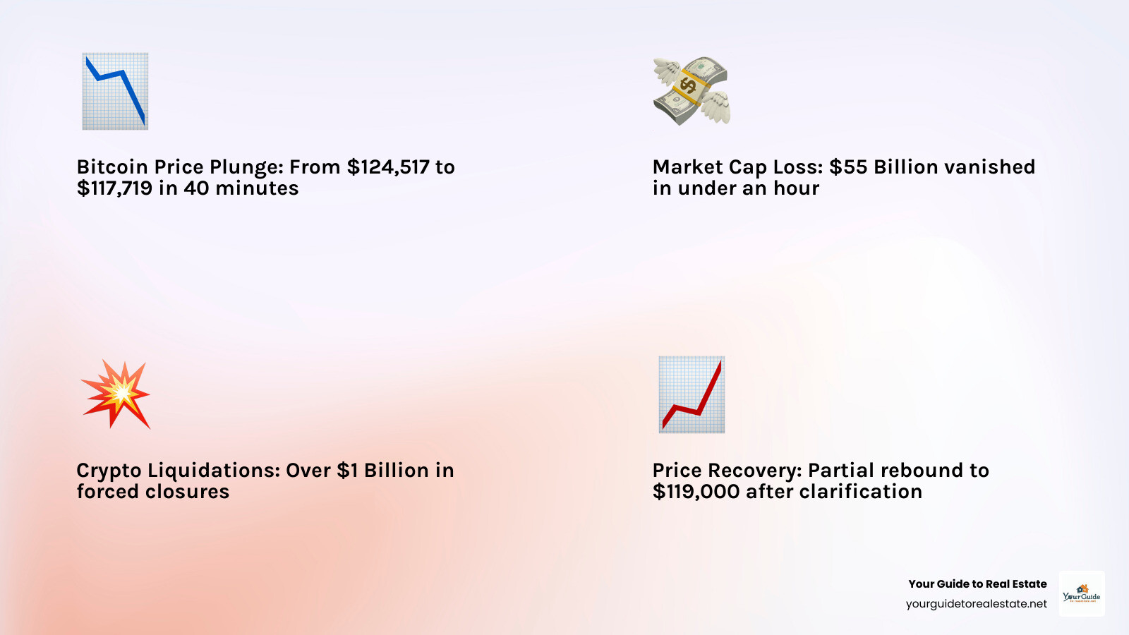 Infographic showing Bitcoin's dramatic price drop from $124,517 to $117,719 within 40 minutes of Treasury Secretary Bessent's initial statement, resulting in $55 billion market cap loss and over $1 billion in crypto liquidations, with partial recovery to $119,000 after his social media clarification - bitcoin price shock treasury secretary infographic 4_facts_emoji_light-gradient