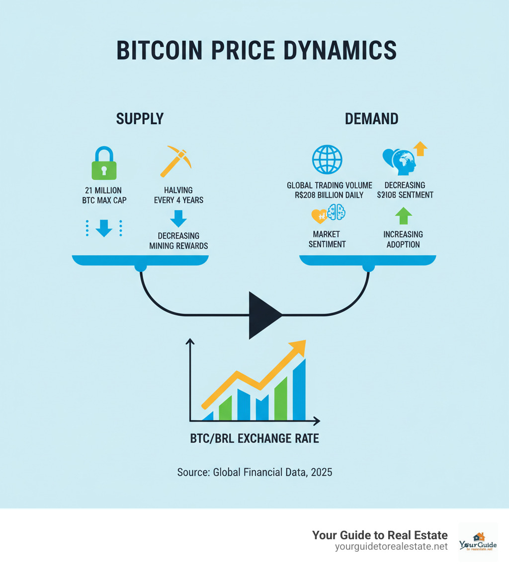 Infographic showing Bitcoin price determination through supply and demand dynamics, including the 21 million BTC maximum supply cap, mining rewards halving every four years, global trading volume of R$208 billion daily, and how market sentiment affects the BTC/BRL exchange rate - bitcoin price brl infographic 