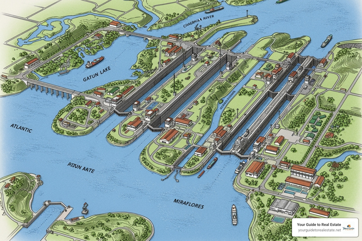 detailed map focusing on the lock systems - panama canal map