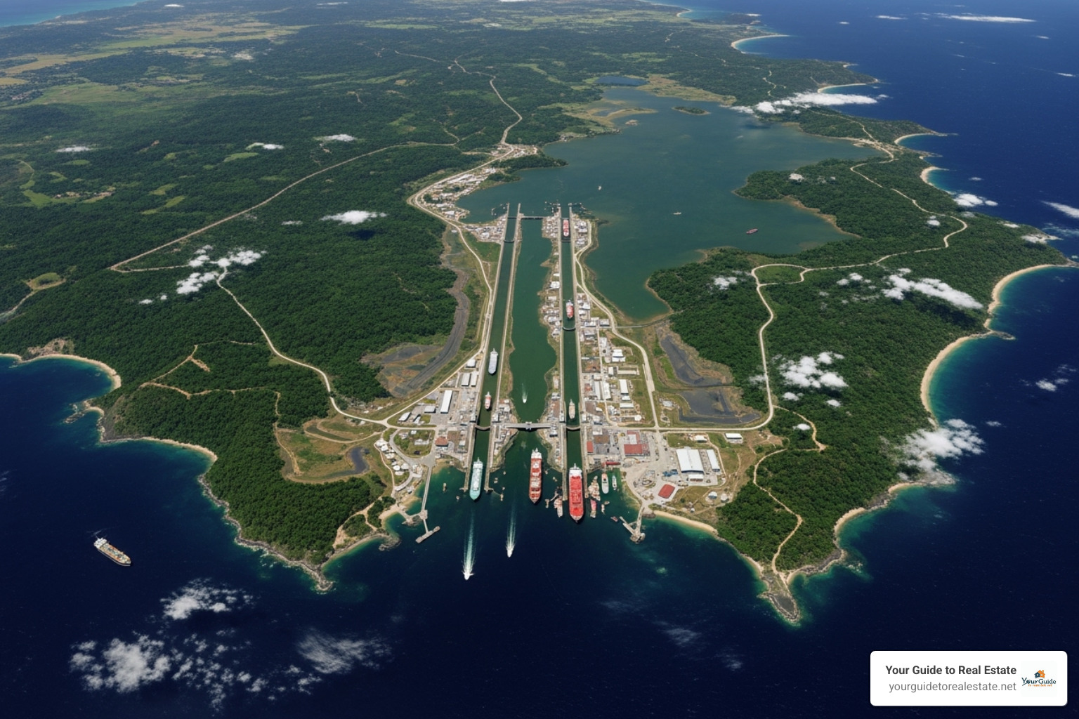 satellite view of the Isthmus of Panama highlighting the canal's path - panama canal map