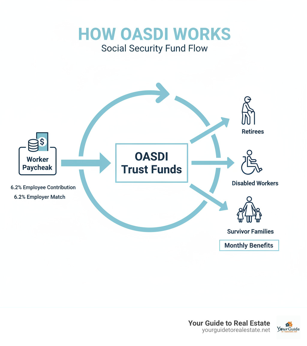 Infographic showing money flowing from worker paychecks to OASDI trust funds, then distributed as monthly benefits to retirees, disabled workers, and survivor families, with arrows indicating the cycle and percentages showing 6.2% employee contribution and 6.2% employer match - what is oasdi infographic 