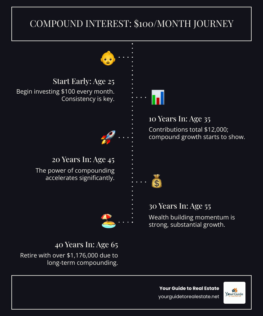 Infographic showing the compound interest calculation of investing $100 monthly from age 25 to 65, with a timeline displaying key milestones at 10, 20, 30, and 40 years, demonstrating how the investment grows from $12,000 after 10 years to $1,176,000 after 40 years, with visual representation of contributions versus compound growth - dave ramsey investment calculator infographic infographic-line-5-steps-dark