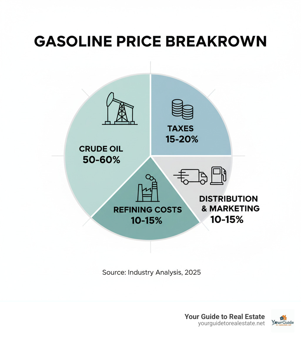 infographic showing four main components of gasoline price breakdown with crude oil at 50-60%, taxes at 15-20%, refining costs at 10-15%, and distribution and marketing at 10-15% - why is gas so expensive infographic 