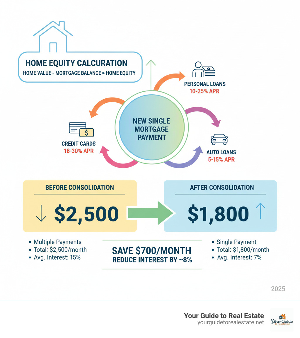 Infographic showing a house with equity calculation, arrows pointing to various high-interest debts (credit cards, personal loans, auto loans) being consolidated into a single mortgage payment, with before/after monthly payment comparisons and interest rate reductions - consolidate mortgage and home equity loan infographic 