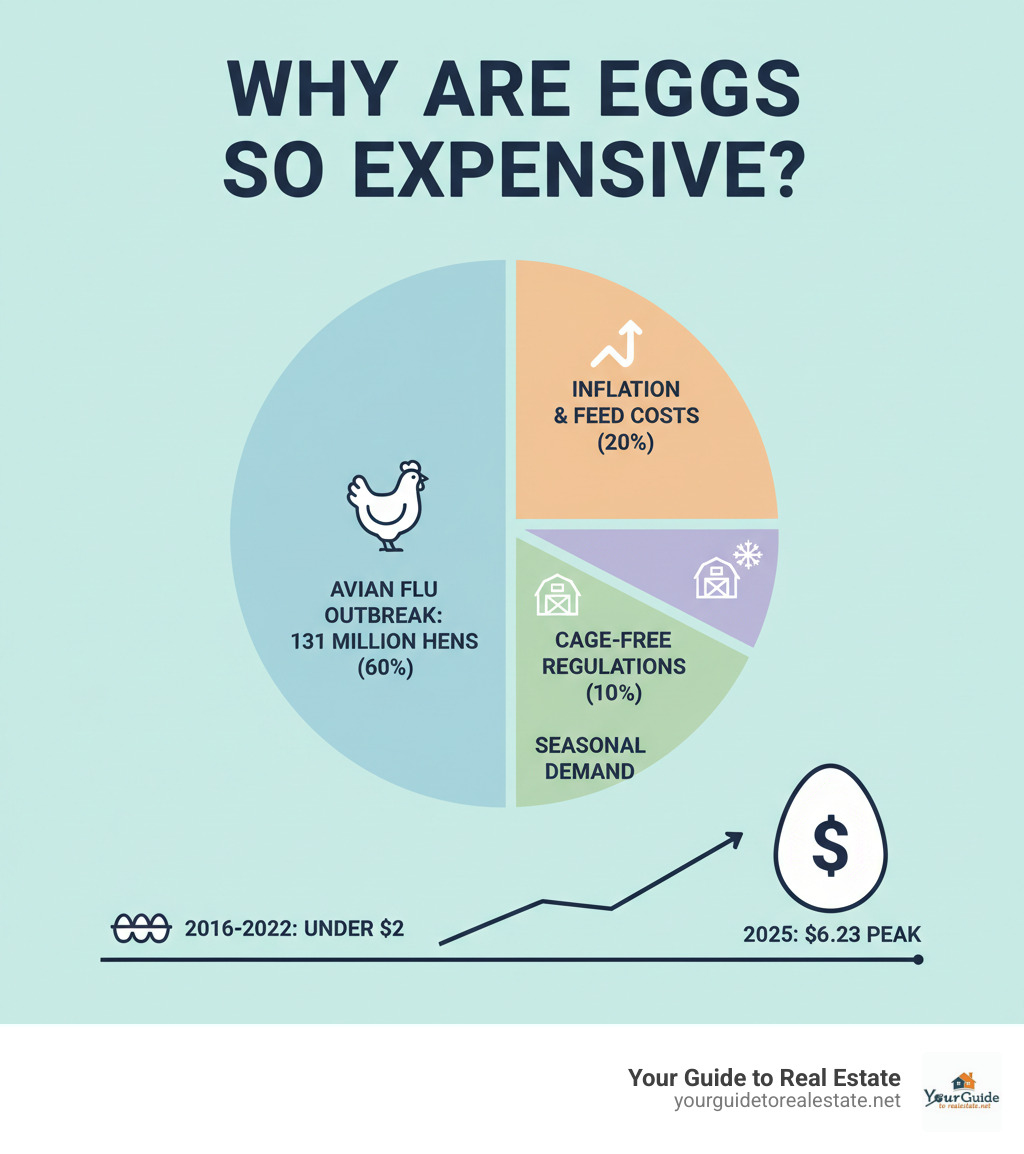 Infographic showing the primary factors driving high egg prices: Avian flu outbreak affecting 131 million hens (60%), inflation and feed costs (20%), cage-free regulations (10%), and seasonal demand fluctuations (10%), with timeline showing price progression from under $2 in 2016-2022 to peaks of $6.23 in 2025 - why are eggs so expensive infographic 