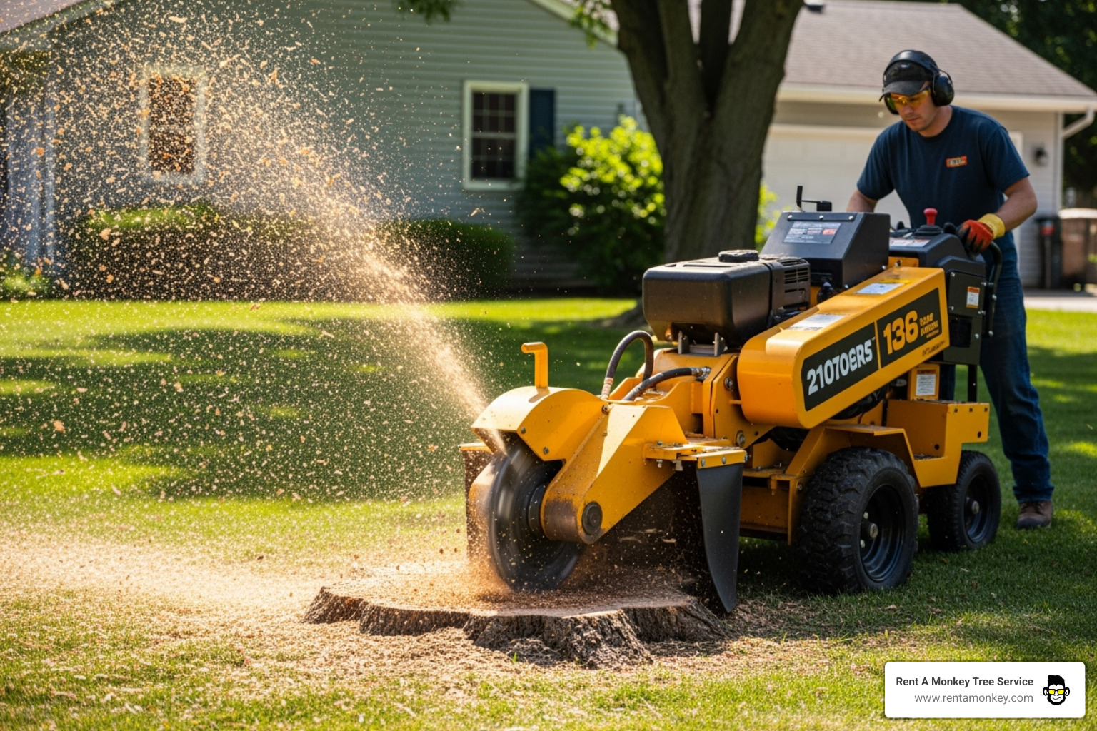 Stump grinder in action, chipping away at a stump - best way to remove old tree stumps Stump grinder in action, chipping away at a stump - best way to remove old tree stumps