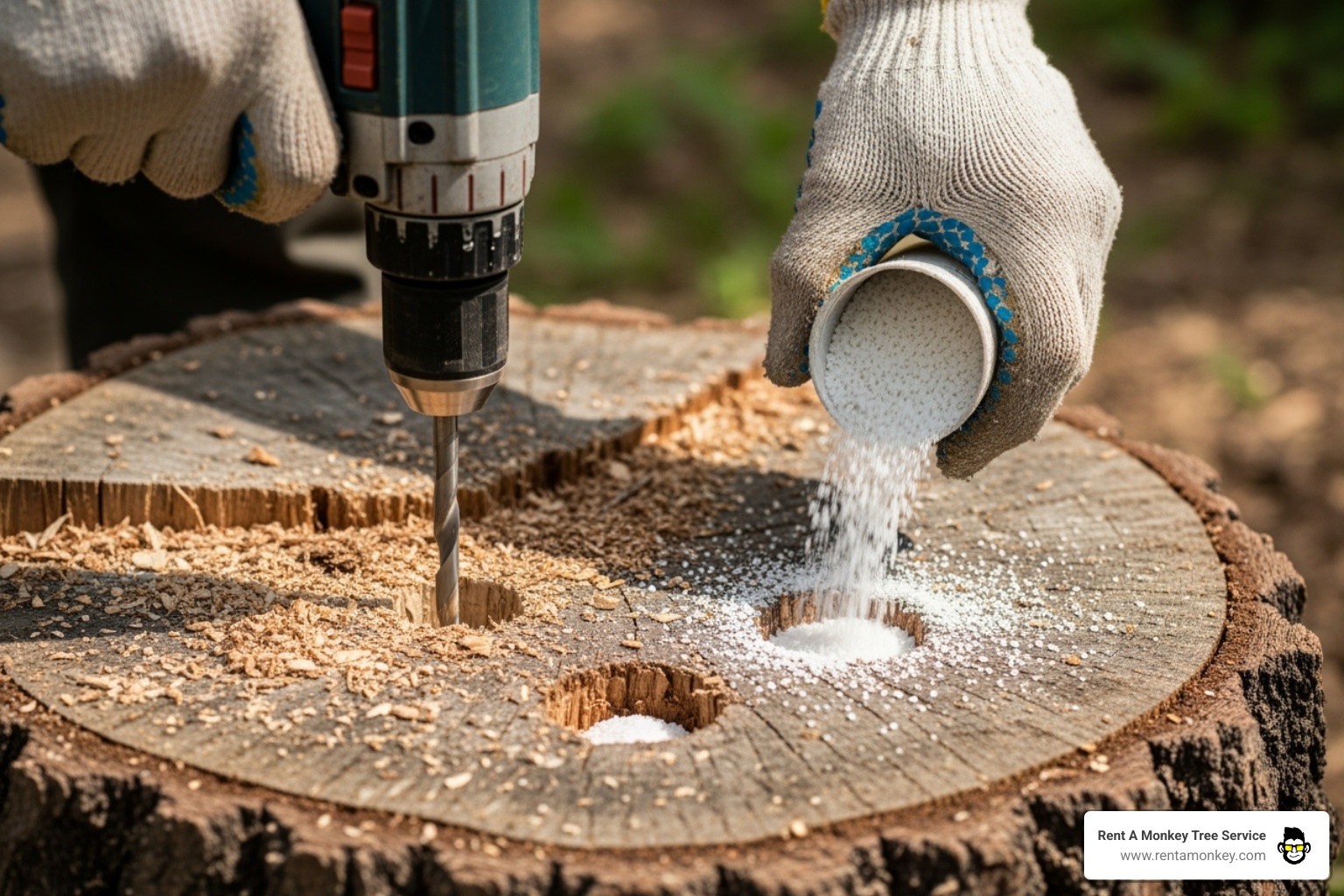 Drilling holes into a stump and pouring in granules - best way to remove old tree stumps Drilling holes into a stump and pouring in granules - best way to remove old tree stumps