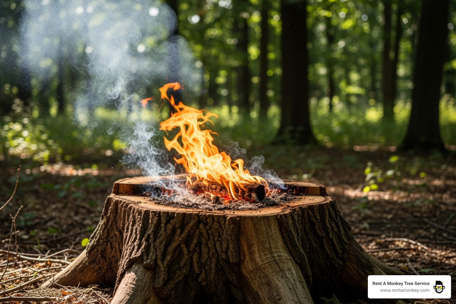 Controlled fire burning on top of a tree stump - best way to remove old tree stumps Controlled fire burning on top of a tree stump - best way to remove old tree stumps