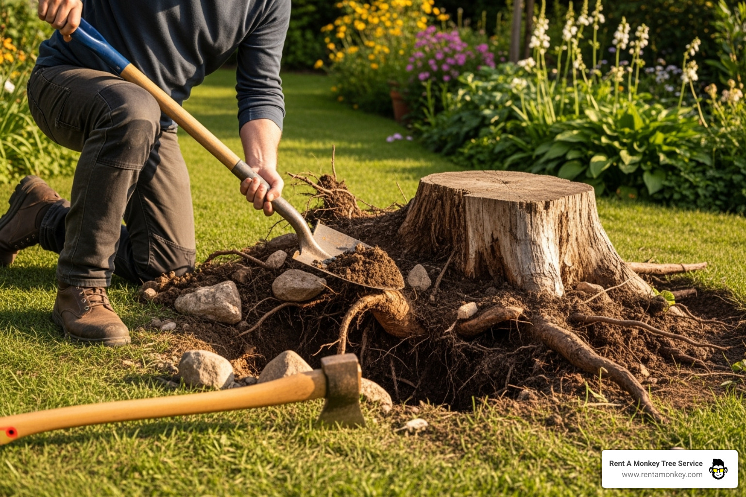Someone using a shovel and axe to expose and cut tree roots - best way to remove old tree stumps Someone using a shovel and axe to expose and cut tree roots - best way to remove old tree stumps