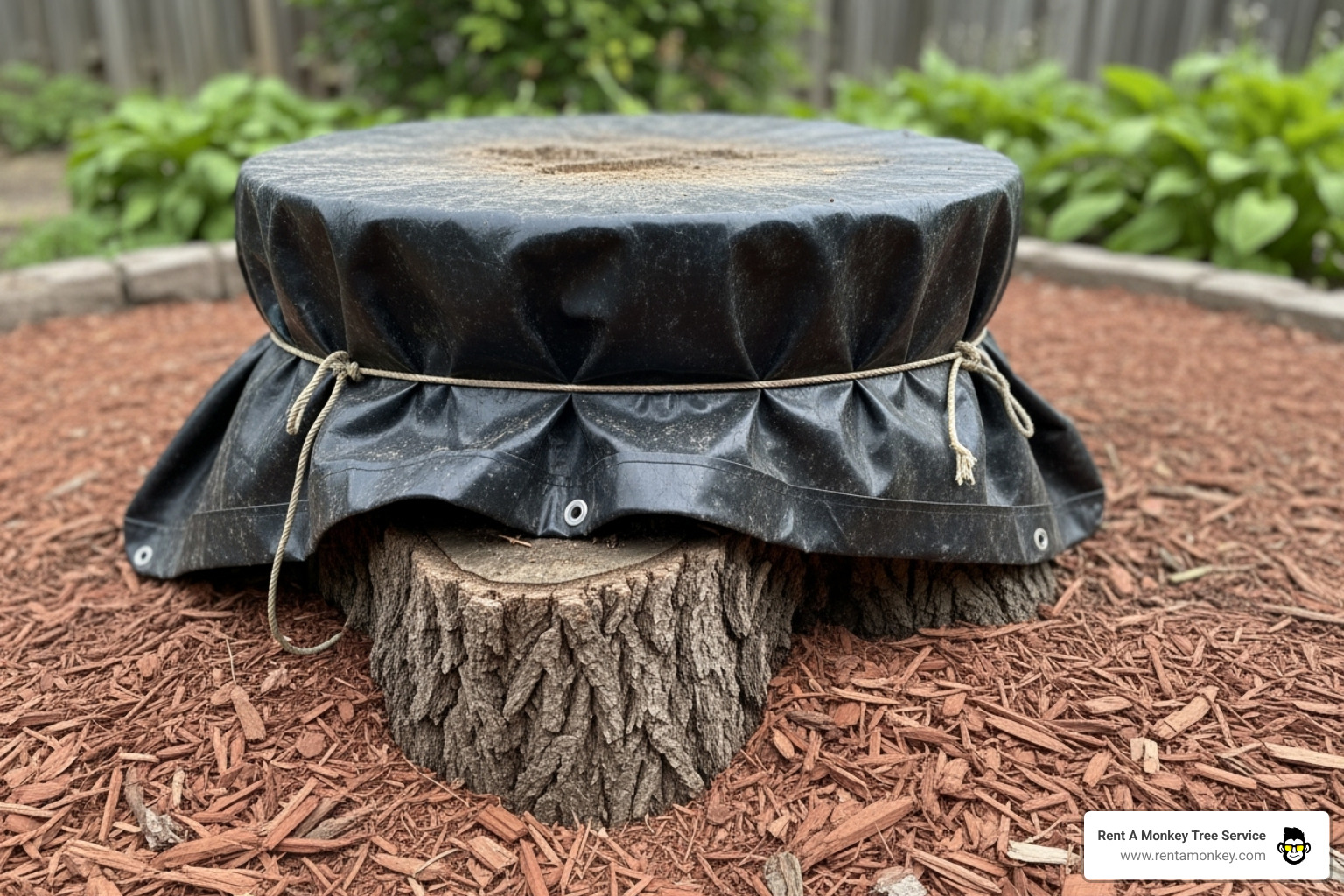 Stump covered with a black tarp and mulch - best way to remove old tree stumps Stump covered with a black tarp and mulch - best way to remove old tree stumps