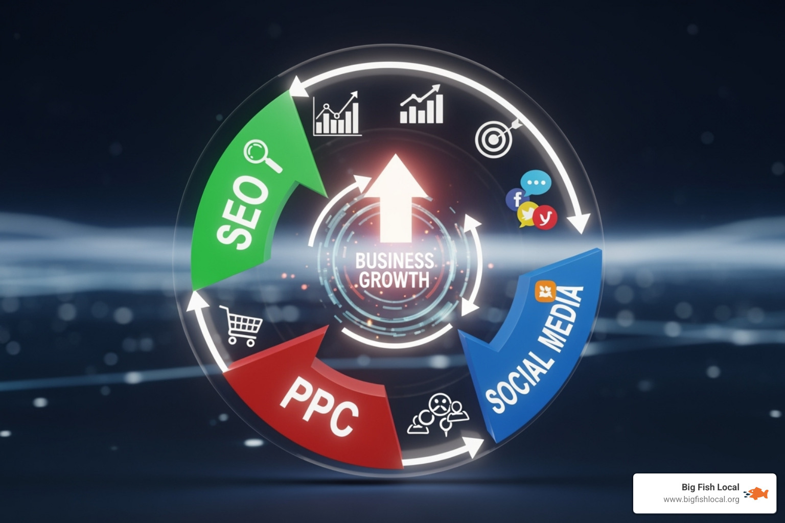 Marketing flywheel illustrating the interconnectedness of SEO, PPC, and Social Media, all contributing to business growth and brand awareness - seo and internet marketing services