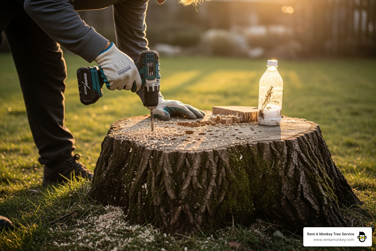 a person drilling holes into a a tree stump to apply a natural solution like salt or vinegar - how to get rid of unwanted tree roots a person drilling holes into a a tree stump to apply a natural solution like salt or vinegar - how to get rid of unwanted tree roots