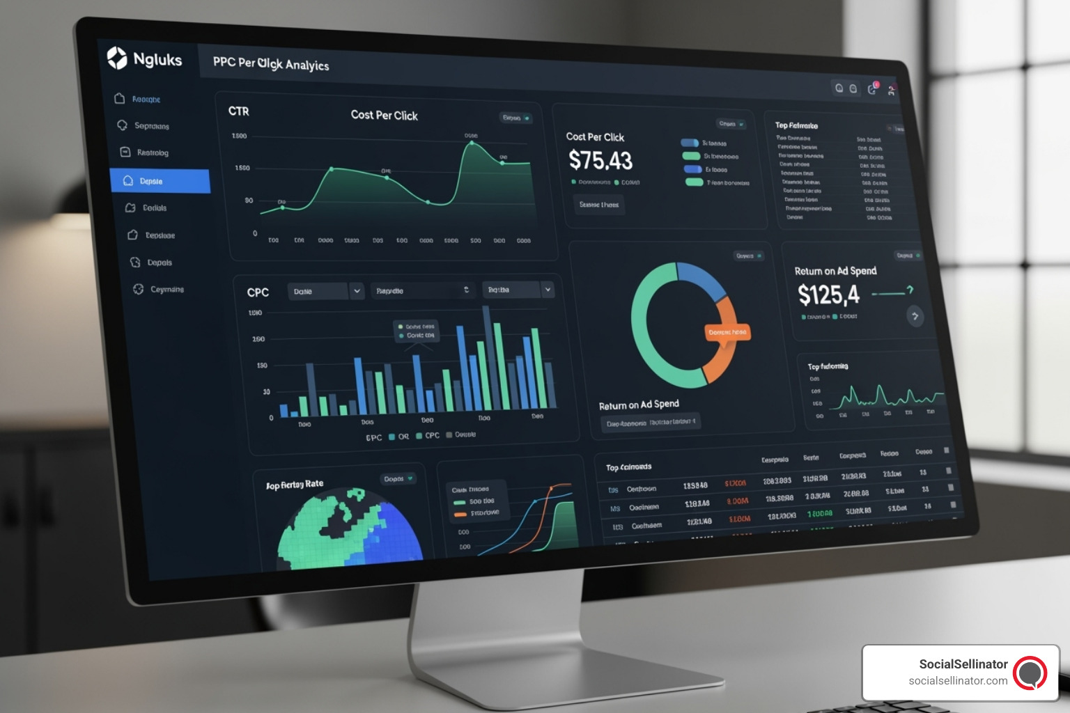 Detailed PPC analytics dashboard showing key metrics like CTR, CPC, Conversion Rate, and ROAS - ppc pay per click consultant
