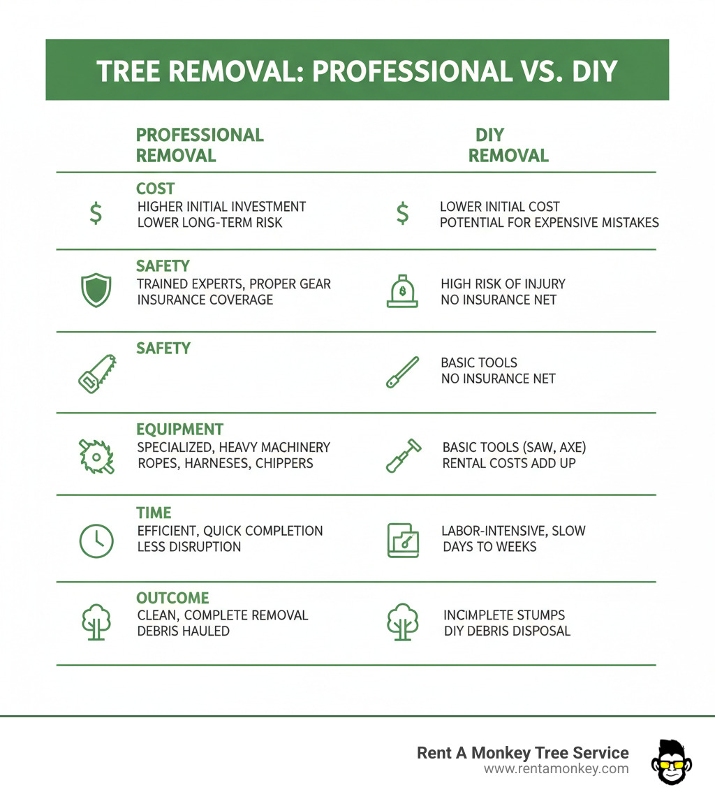 Table comparing professional vs. DIY tree removal across cost, safety, equipment, time, and outcome - tree removal cost estimate infographic 