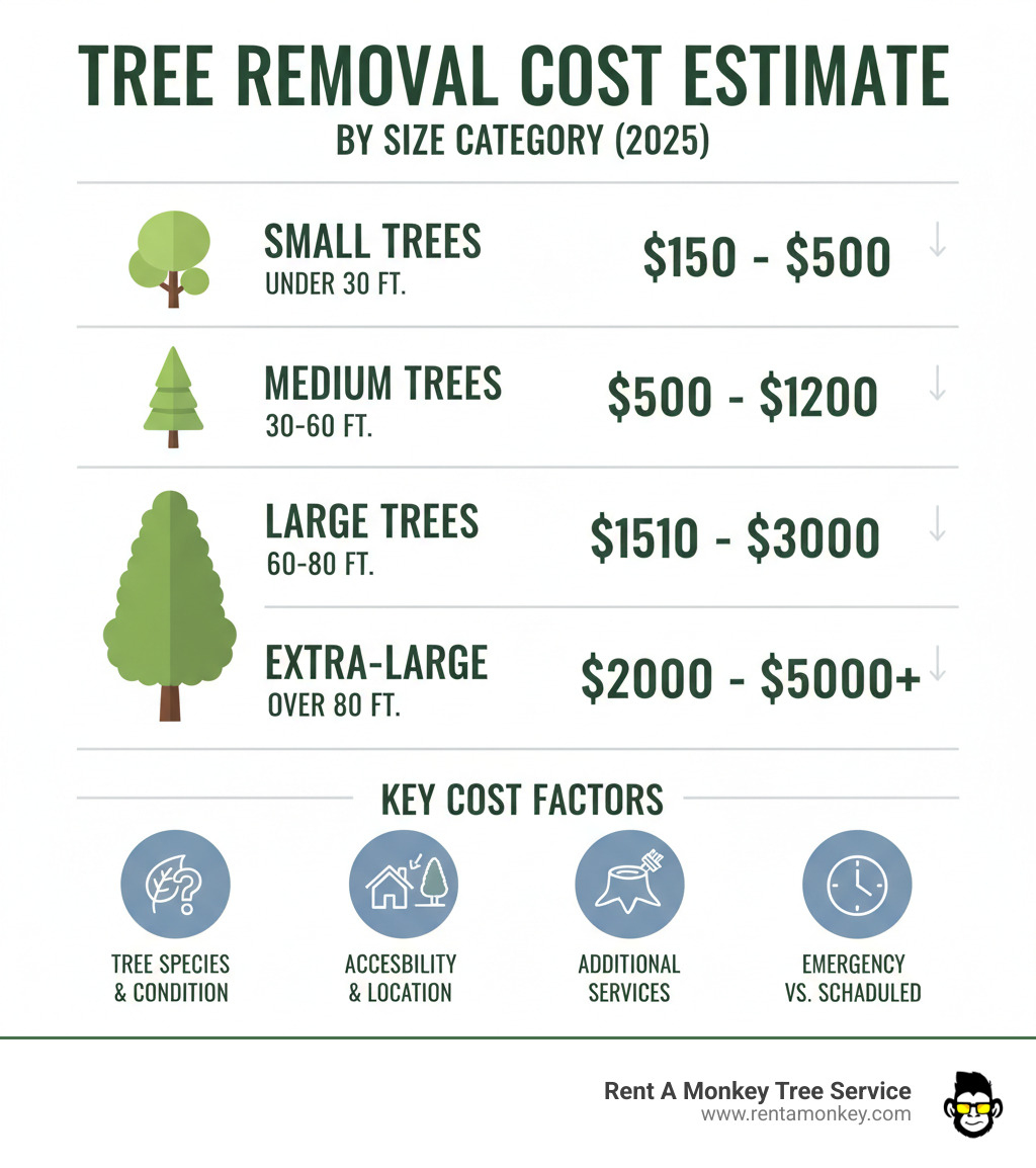 Comprehensive infographic showing tree removal cost breakdown by size categories, including small trees under 30 feet ranging from $150-500, medium trees 30-60 feet at $500-1200, large trees 60-80 feet at $1500-3000, and extra-large trees over 80 feet at $2000-5000+, with icons representing key cost factors like tree species, condition, accessibility, and additional services - tree removal cost estimate infographic 