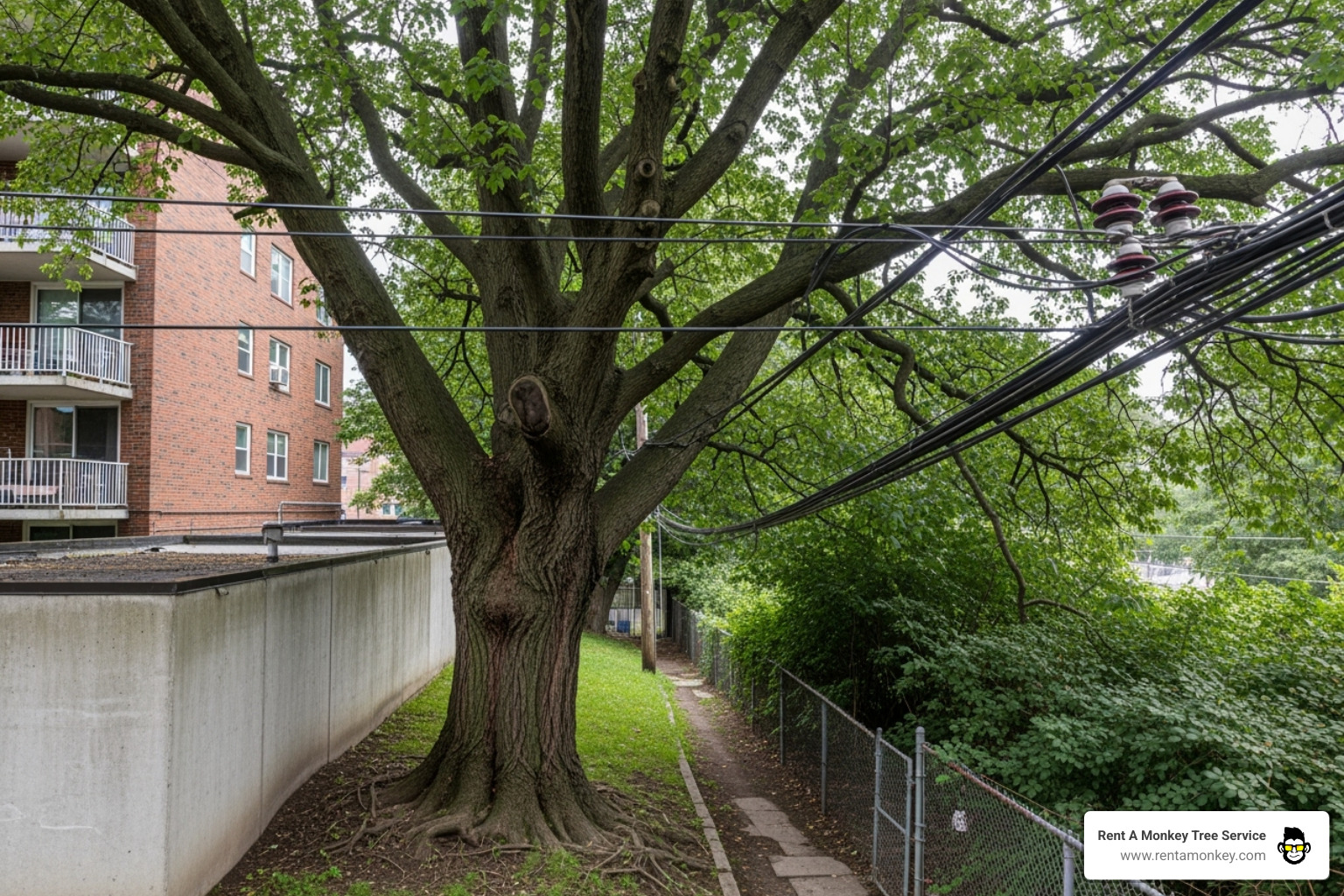 Tree in a difficult-to-access location near power lines and a building - tree removal cost estimate