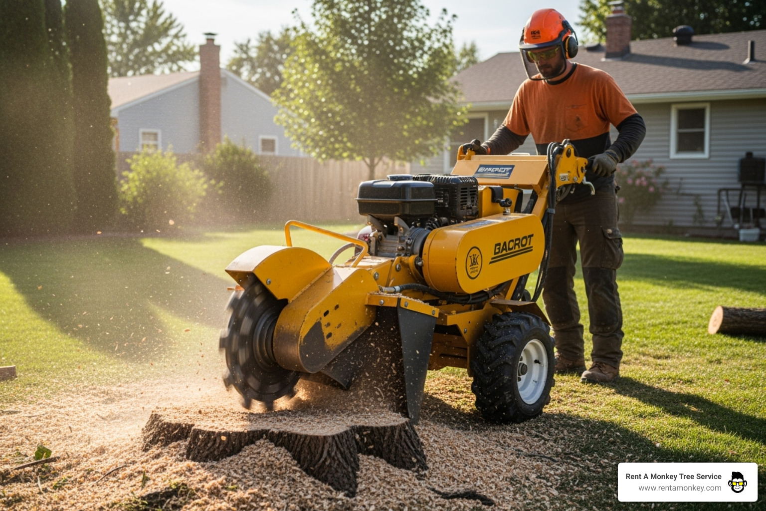 Stump grinder in action removing a tree stump - tree removal cost estimate