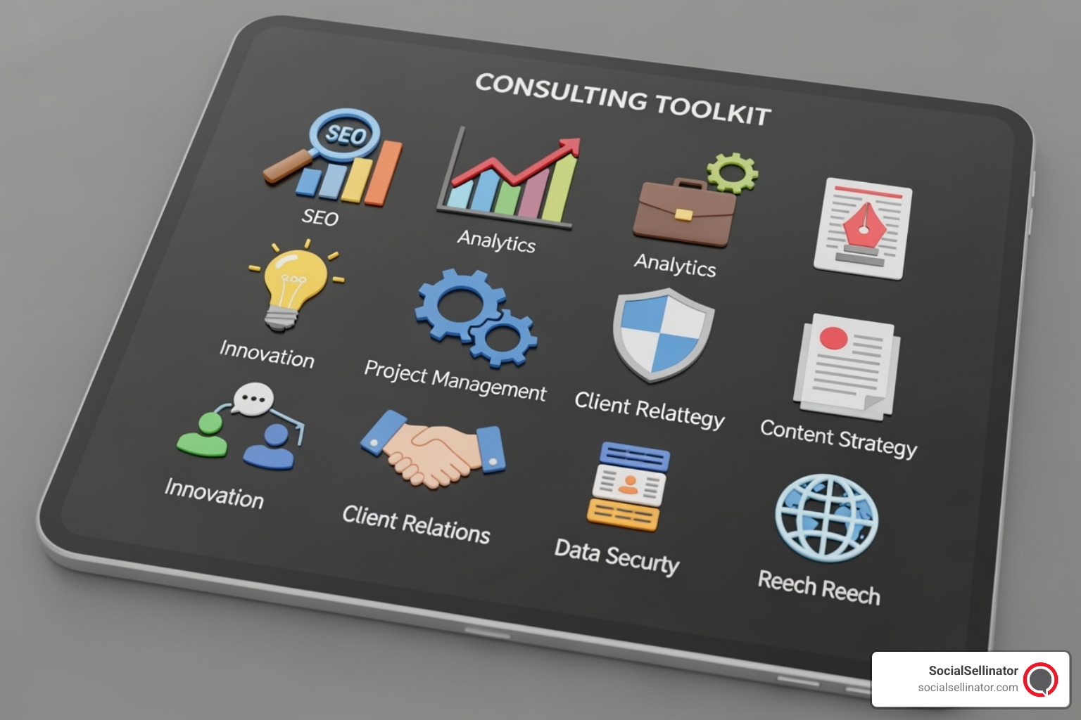 A digital toolkit with icons representing SEO, analytics, project management, and content strategy tools, symbolizing the diverse skills required for a content strategy consultant. - content strategy consultant