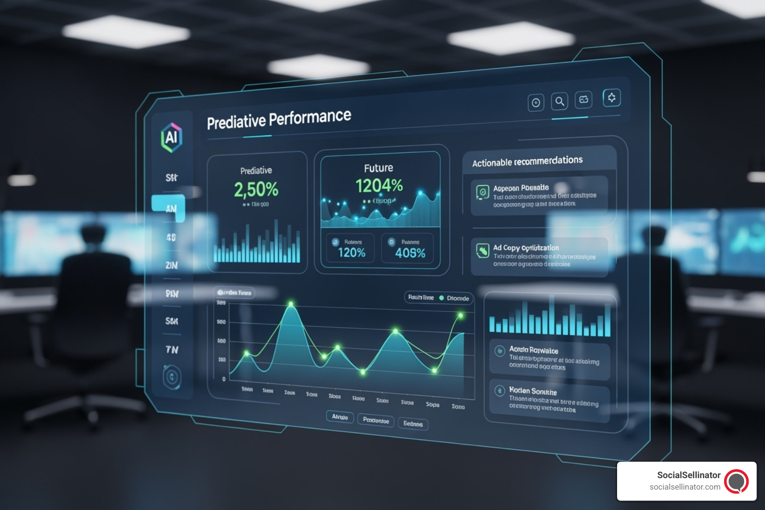 Futuristic dashboard showing AI-driven campaign analytics with predictive performance metrics, real-time data visualizations, and recommendations for ad copy optimization - google ad copy tool Futuristic dashboard showing AI-driven campaign analytics with predictive performance metrics, real-time data visualizations, and recommendations for ad copy optimization - google ad copy tool