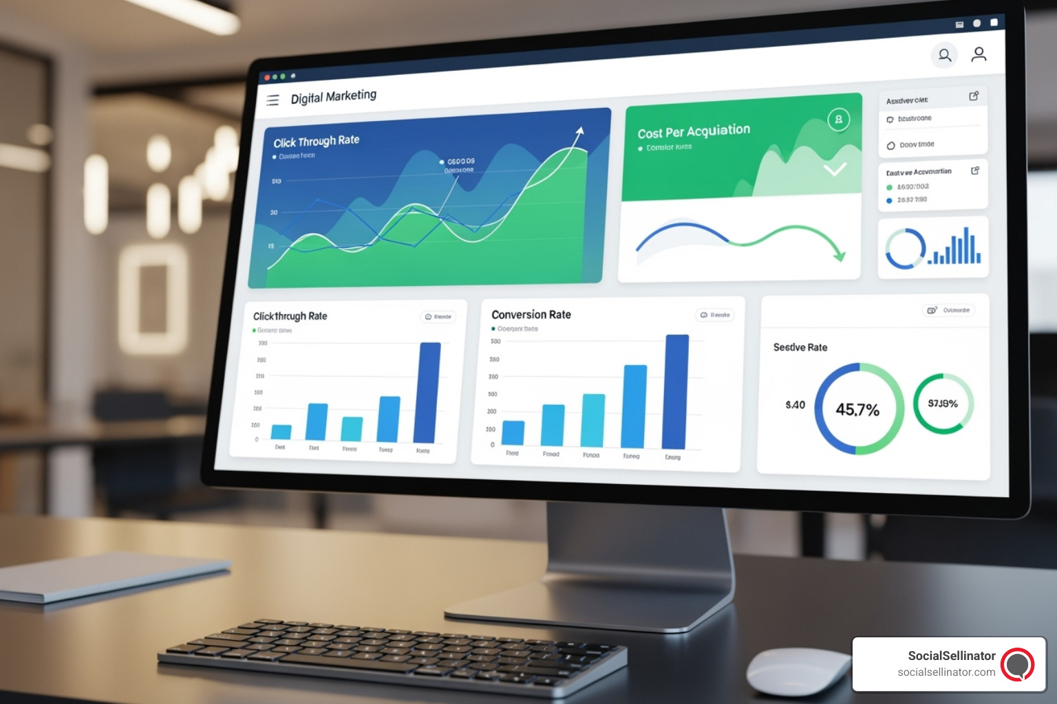 A scorecard section in a Looker Studio report highlighting key metrics like CTR, Conversions, and CPA, showing positive performance trends. - google data studio template of google ads ad copy