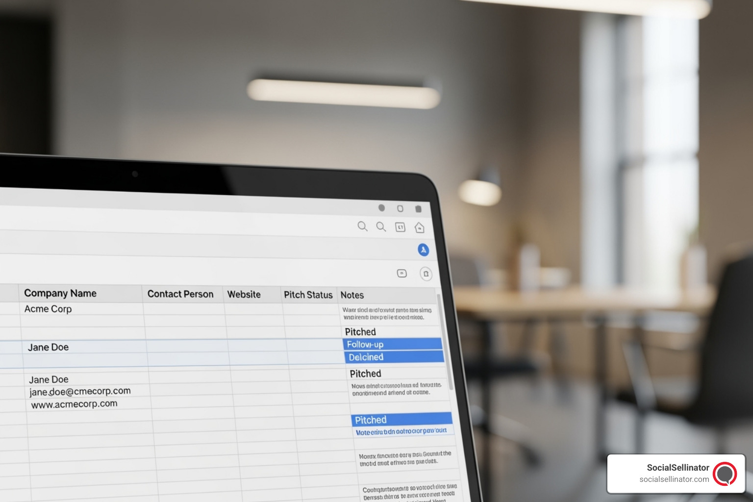 A digital spreadsheet tracking potential client research, contact information, and pitch status, essential for organized outreach. - how to pitch blog writing services to businesses