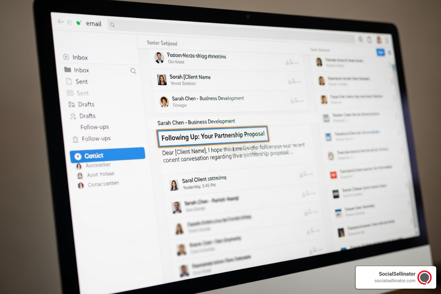 A professional email inbox on a screen, with a follow-up email highlighted, demonstrating the importance of continued communication in client acquisition. - how to pitch blog writing services to businesses