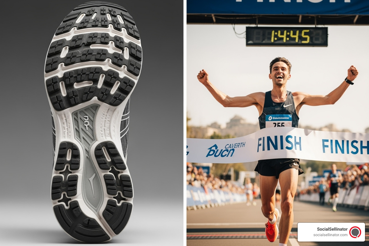 Split-screen graphic comparing a product feature (e.g., a shoe's material) with its benefit (e.g., a runner comfortably finishing a race), illustrating the clear difference - creating high-converting ad copy Split-screen graphic comparing a product feature (e.g., a shoe's material) with its benefit (e.g., a runner comfortably finishing a race), illustrating the clear difference - creating high-converting ad copy