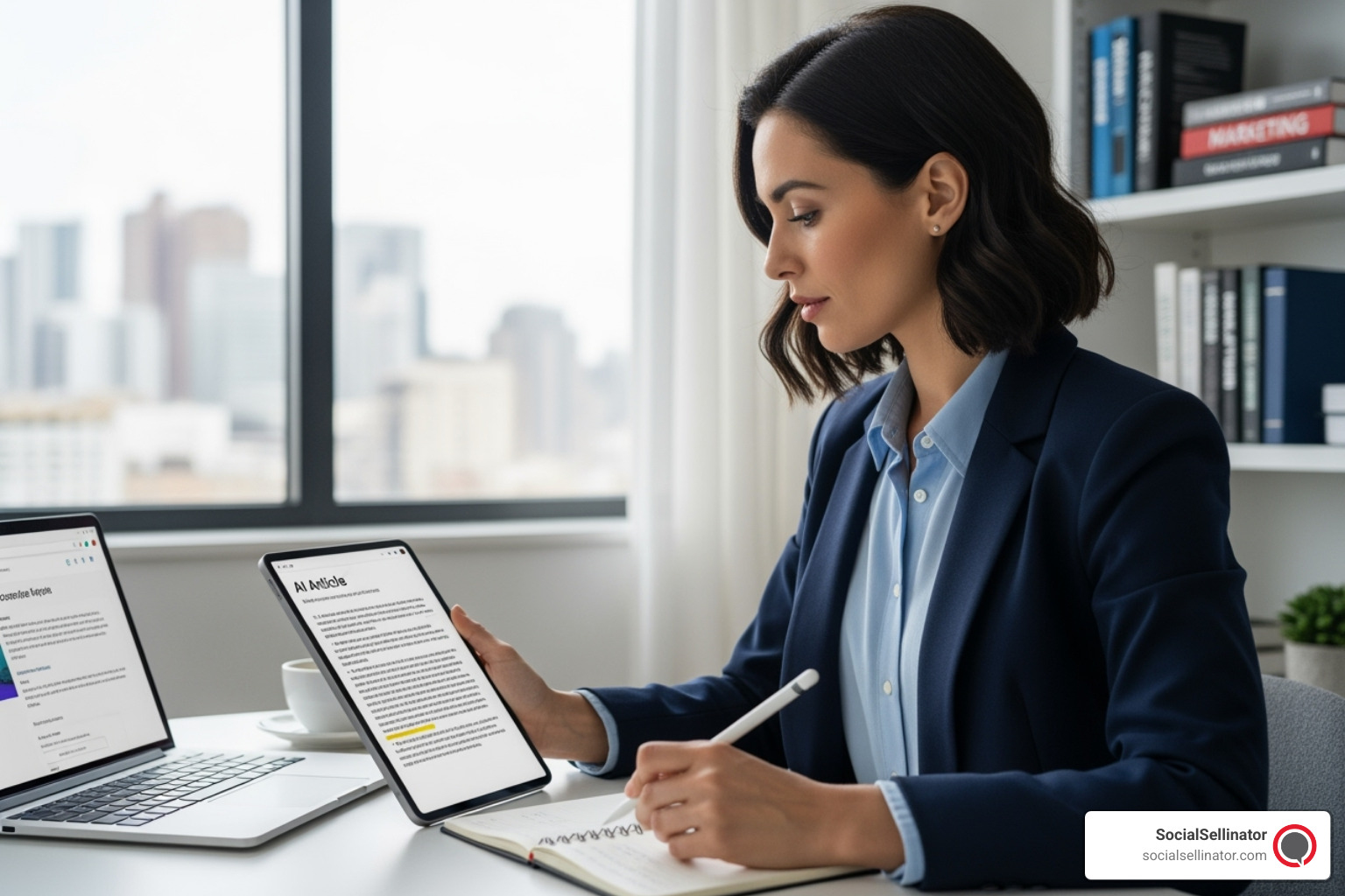Content strategist reviewing an AI-generated article on a tablet, making notes for human refinement - ai seo content writer Content strategist reviewing an AI-generated article on a tablet, making notes for human refinement - ai seo content writer