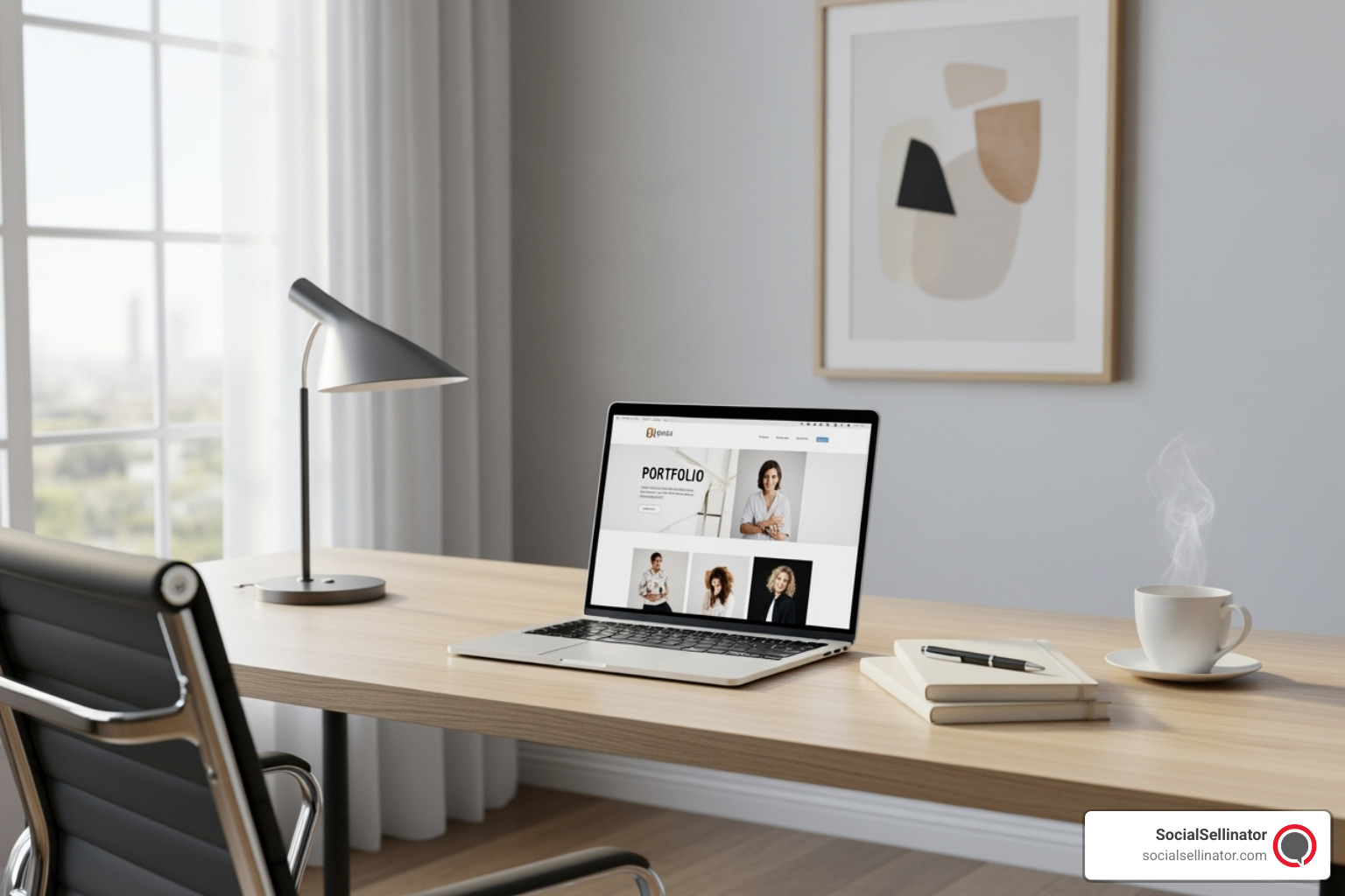 A freelancer's home office setup with a laptop showing a portfolio website, notebooks, and a cup of coffee, indicating a productive and professional work environment. - b2b content writing