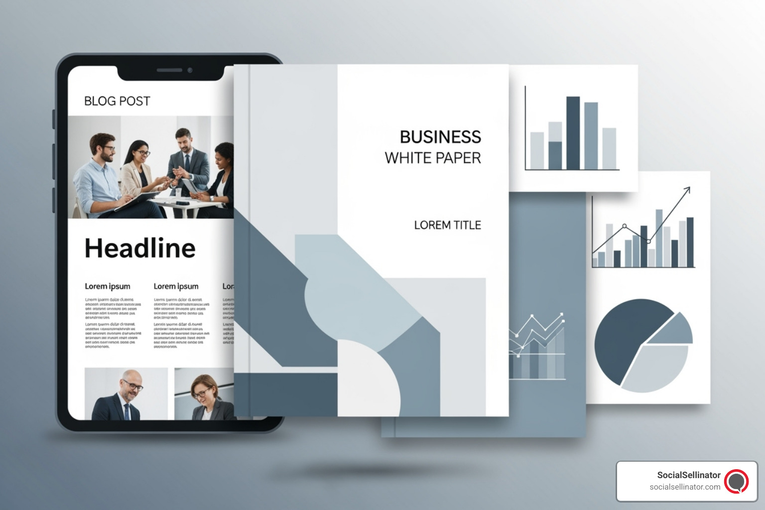 Collage showing different B2B content formats like a white paper cover, a blog post screenshot, and an infographic - b2b content writing