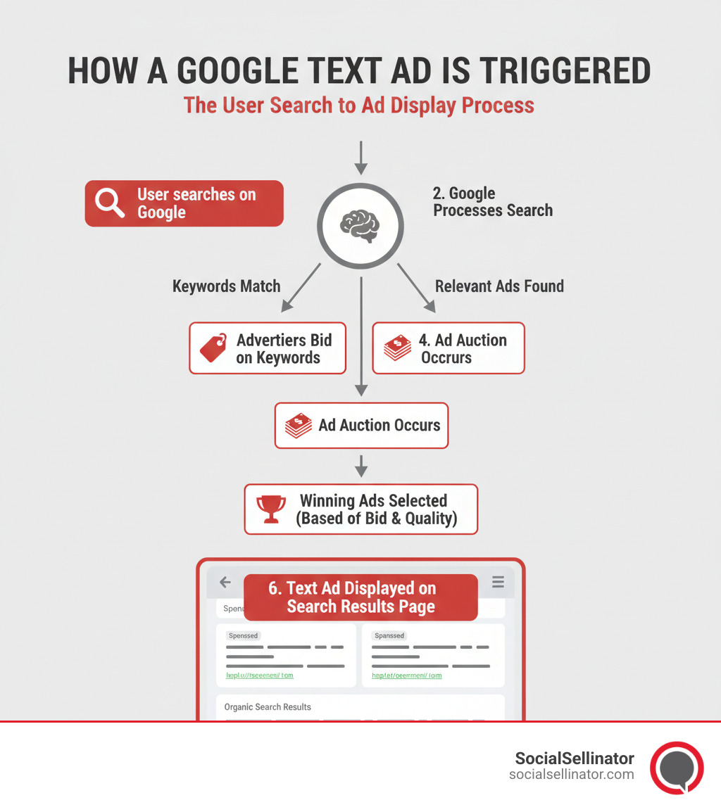 An infographic flowchart showing the process of how a user's search triggers a Google Text Ad. - google text ads infographic 
