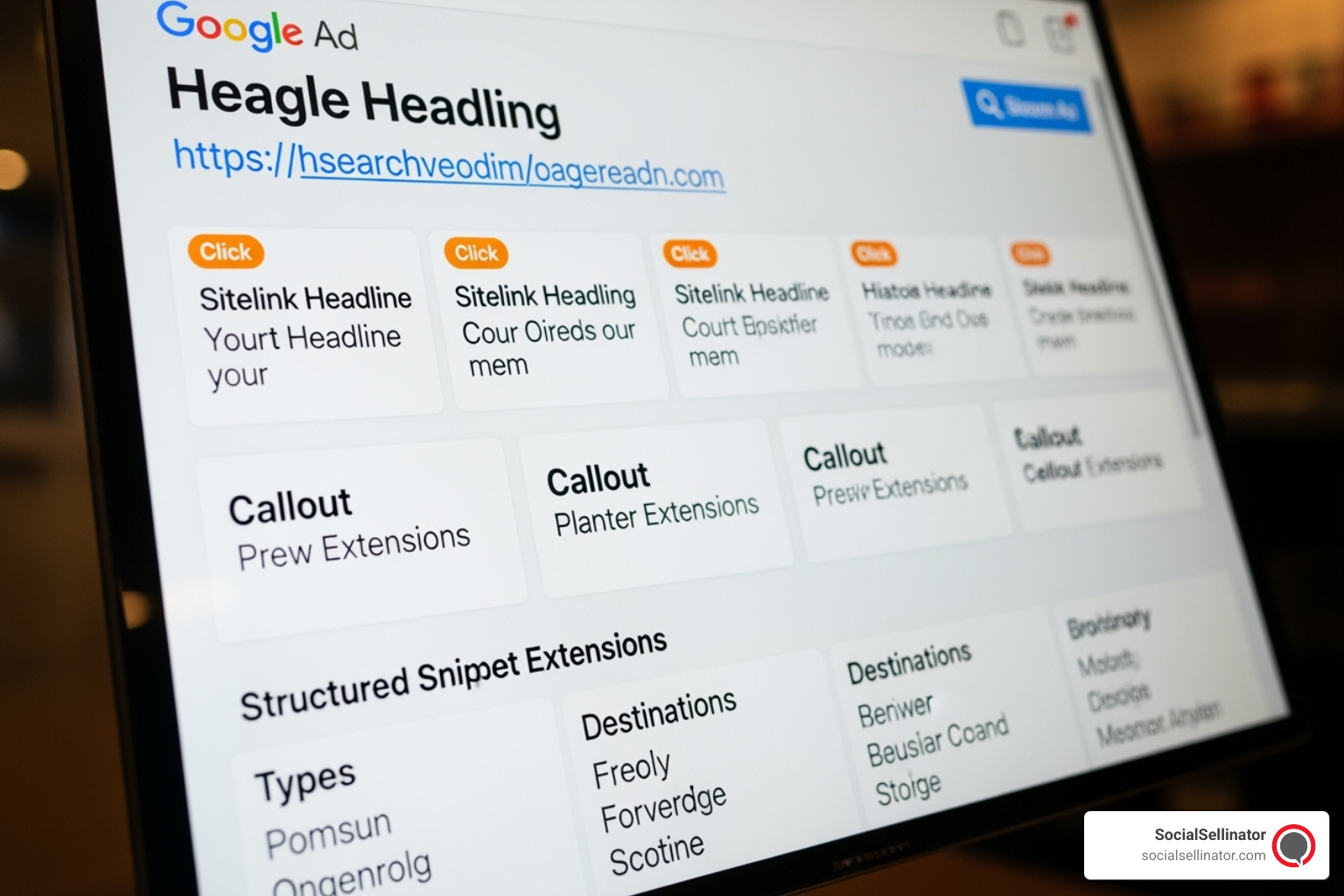 Example of a Google Search Ad with various ad extensions like sitelinks, callouts, and structured snippets - google ads search campaign tutorial Example of a Google Search Ad with various ad extensions like sitelinks, callouts, and structured snippets - google ads search campaign tutorial