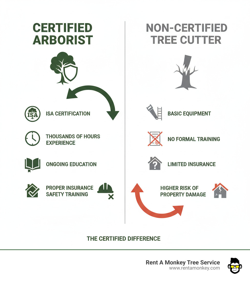Infographic showing comparison between certified arborist qualifications including ISA certification, thousands of hours experience, ongoing education, proper insurance, and safety training versus non-certified tree cutter with basic equipment, no formal training, limited insurance, and higher risk of property damage - Certified tree service infographic 