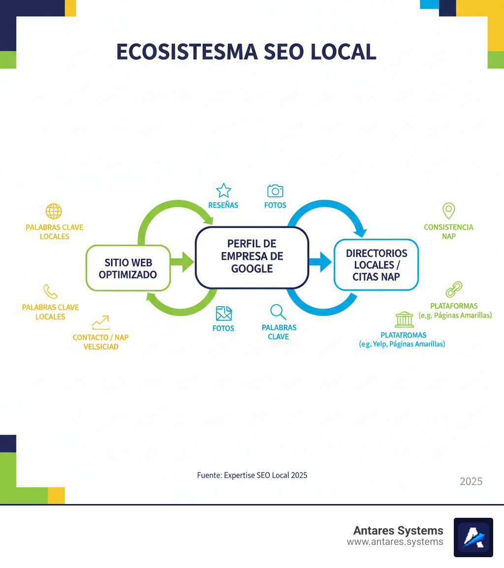 Infográfico detallado del ecosistema de SEO local mostrando los tres pilares principales: Perfil de Empresa de Google en el centro conectado con un sitio web optimizado a la izquierda y directorios locales/citaciones NAP a la derecha, con iconos de reseñas, fotos y palabras clave rodeando cada elemento - como posicionar mi negocio en google infographic 