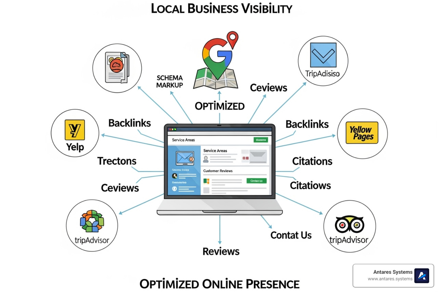 Diagrama mostrando la interconexión entre un sitio web optimizado, un Perfil de Empresa de Google y directorios locales, todos contribuyendo a la visibilidad local - como posicionar mi negocio en google