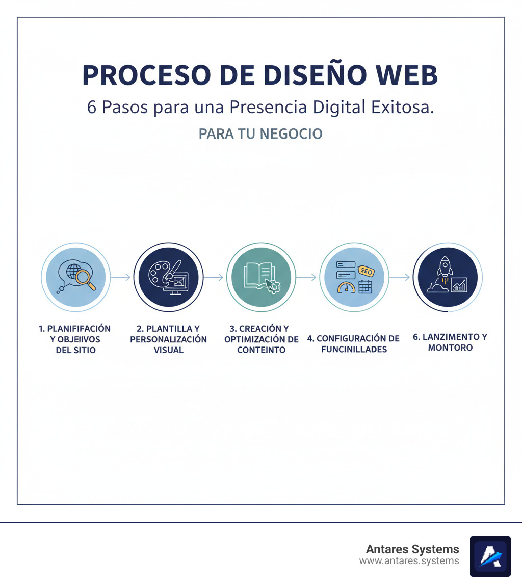 Infográfico detallado mostrando el proceso completo de diseño web en 6 pasos: 1) Planificación y objetivos del sitio, 2) Selección de plantilla y personalización visual, 3) Creación y optimización de contenido, 4) Configuración de funcionalidades (formularios, e-commerce, citas), 5) Optimización SEO y velocidad, 6) Lanzamiento y monitoreo de resultados - Diseño de Páginas Web infographic 