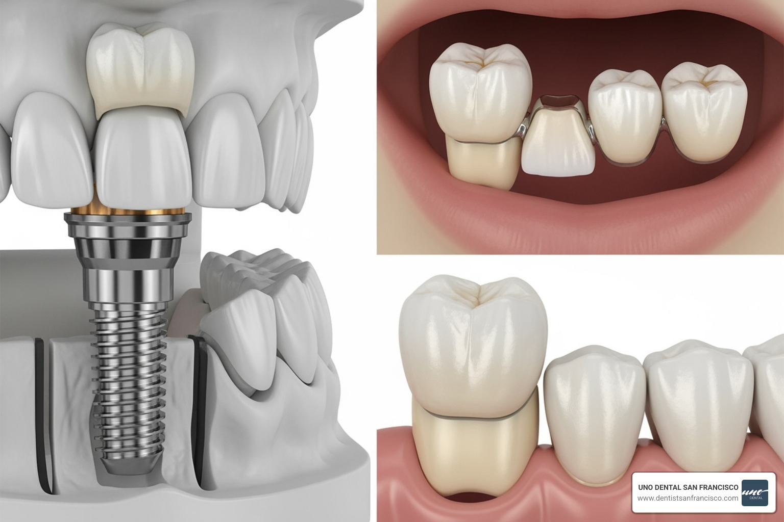 Illustrating different restorative options like a dental implant, crown, and bridge - Full Mouth Reconstruction