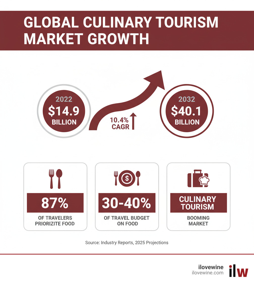 Infographic showing the projected growth of the global culinary tourism market from $14.9 billion in 2022 to $40.1 billion by 2032, with key statistics: 87% of travelers consider food important when choosing destinations, 30-40% of travel budgets go to food and beverage spending, and culinary tourism growing at 10.4% CAGR - Foodie travel destinations infographic 