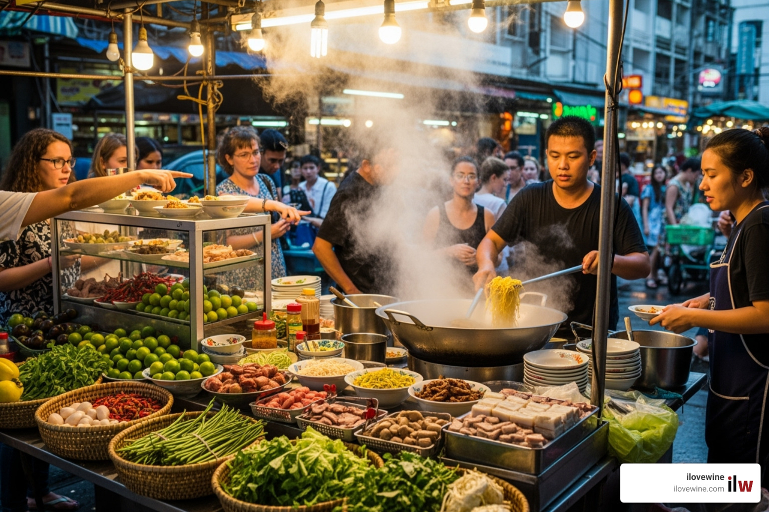 A busy street food stall in Bangkok, with steam rising from cooking pots and vibrant ingredients on display. - Foodie travel destinations