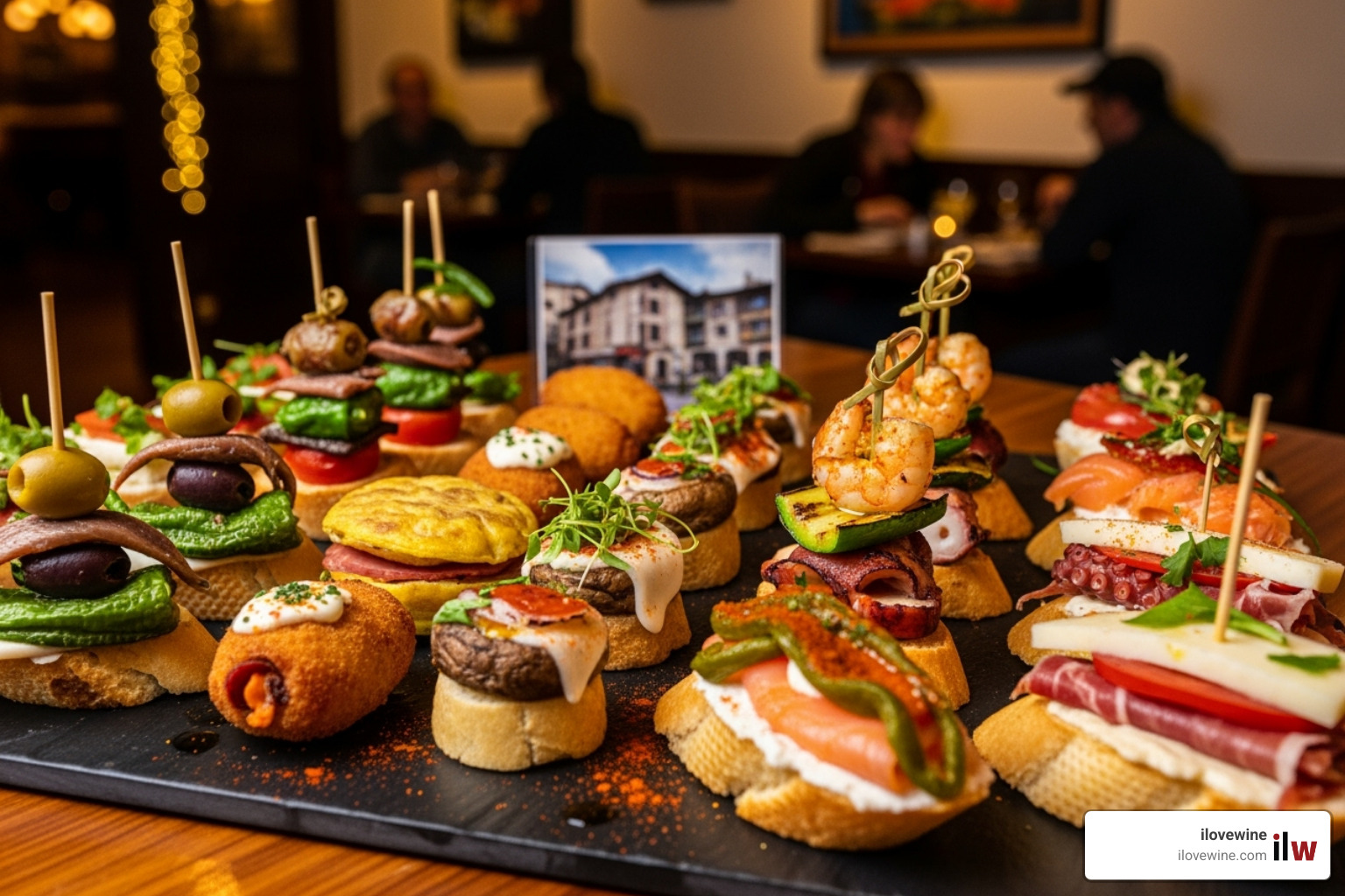 A colorful plate of traditional Basque pintxos from Boise, Idaho, showcasing small, artfully arranged bites. - Foodie travel destinations