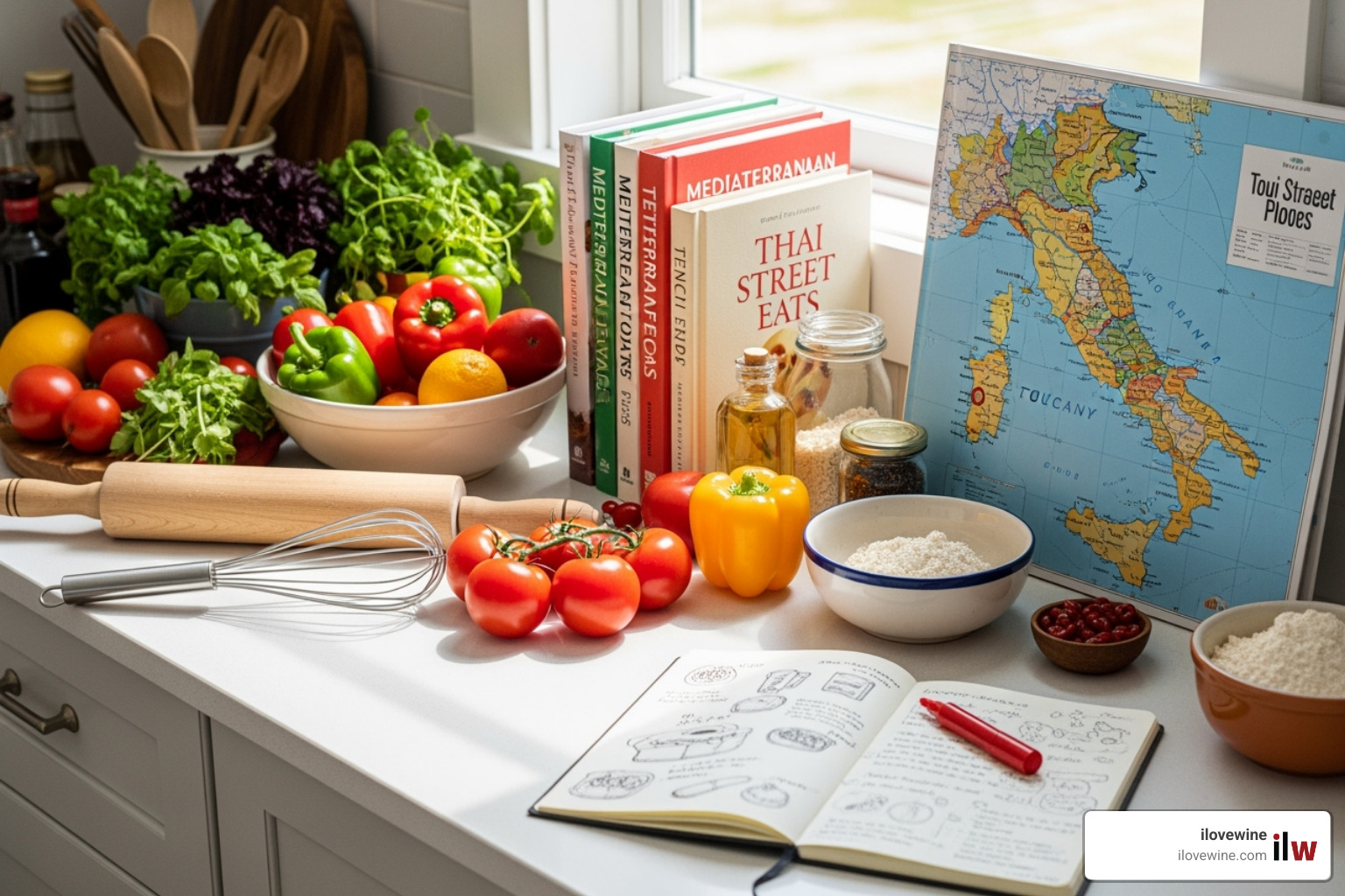 A neatly organized kitchen counter with fresh ingredients, cookbooks, and a map, suggesting careful planning for a food-focused trip. - Foodie travel destinations