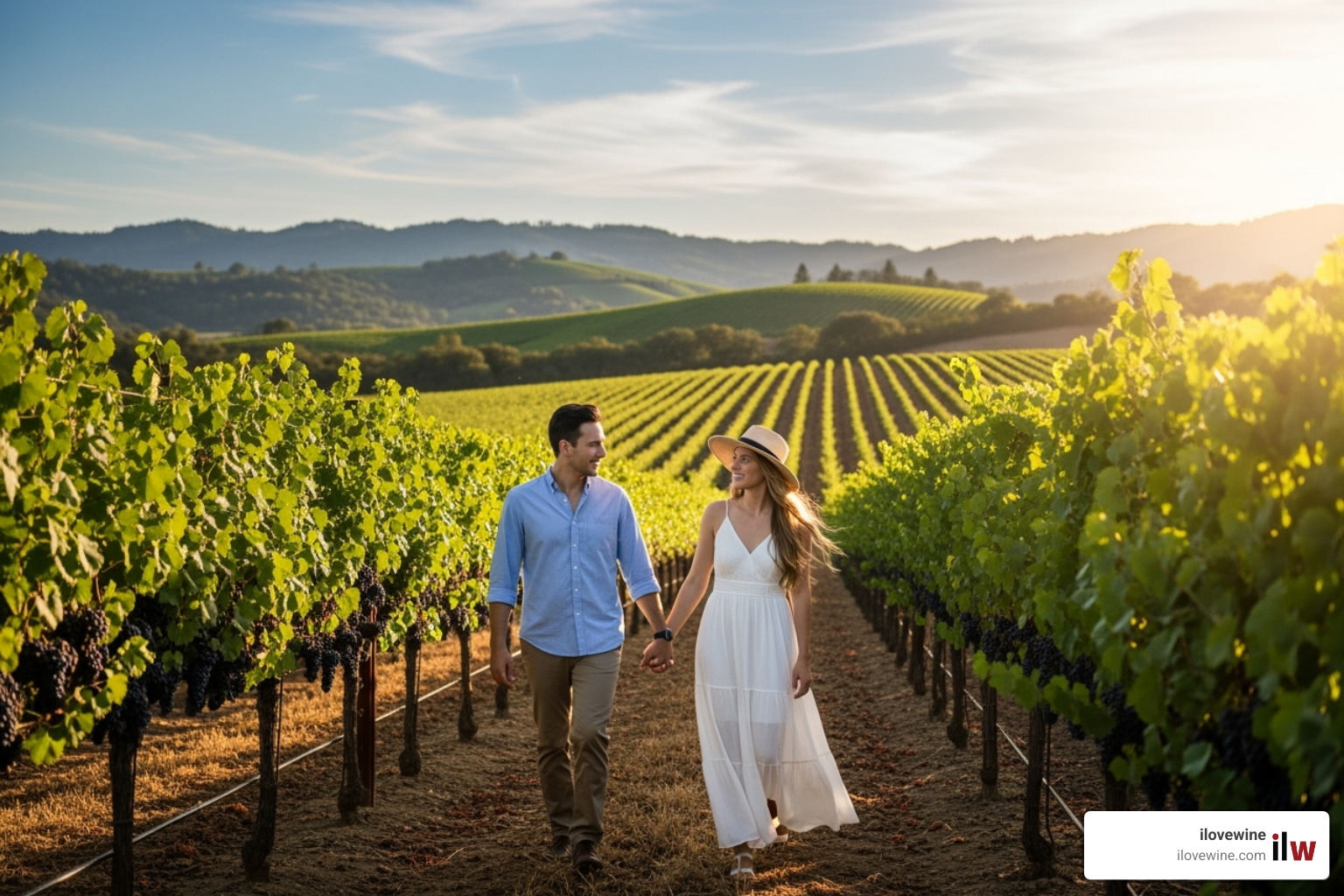 couple walking through a sun-drenched vineyard in Napa Valley - Romantic summer getaways