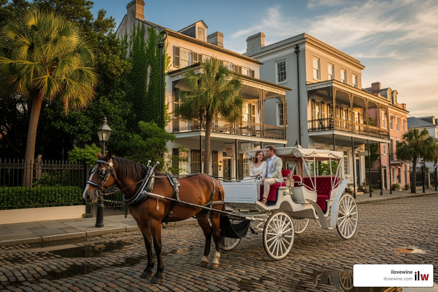 couple in a horse-drawn carriage on a cobblestone street in Charleston - Romantic summer getaways