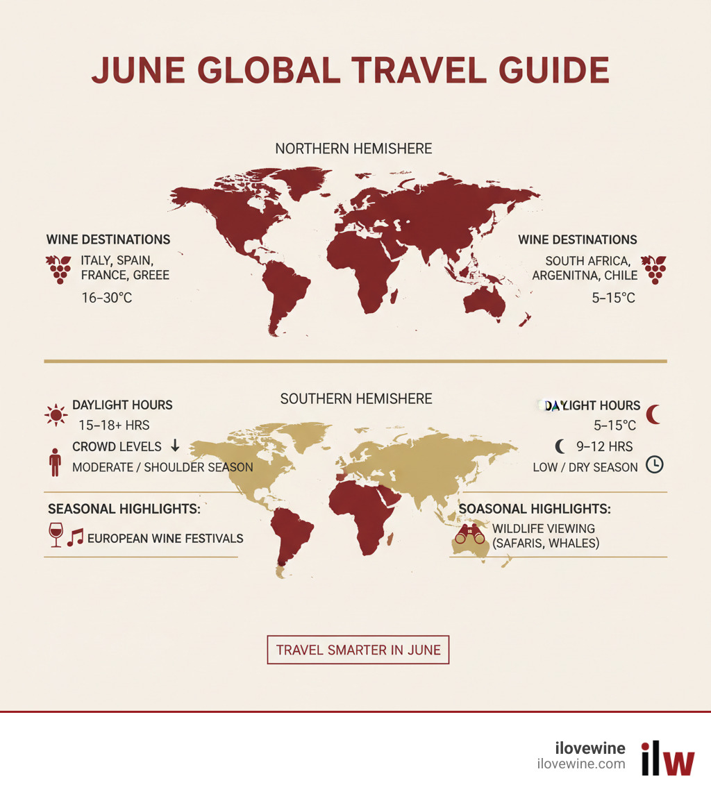 Comprehensive infographic showing June travel advantages across different hemispheres, including temperature ranges for top wine destinations, daylight hours comparison between Northern and Southern hemispheres, crowd level indicators for popular wine regions, and seasonal highlights like European wine festivals and Southern Hemisphere wildlife viewing opportunities - June holiday destinations infographic 