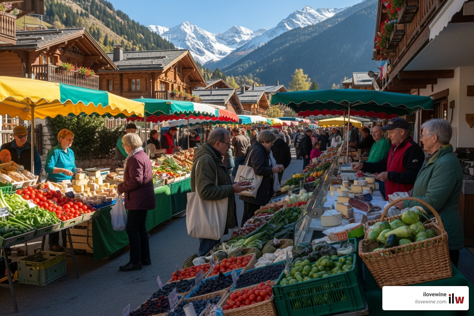 Colorful local food market in a picturesque Alpine village - Alps summer activities Colorful local food market in a picturesque Alpine village - Alps summer activities