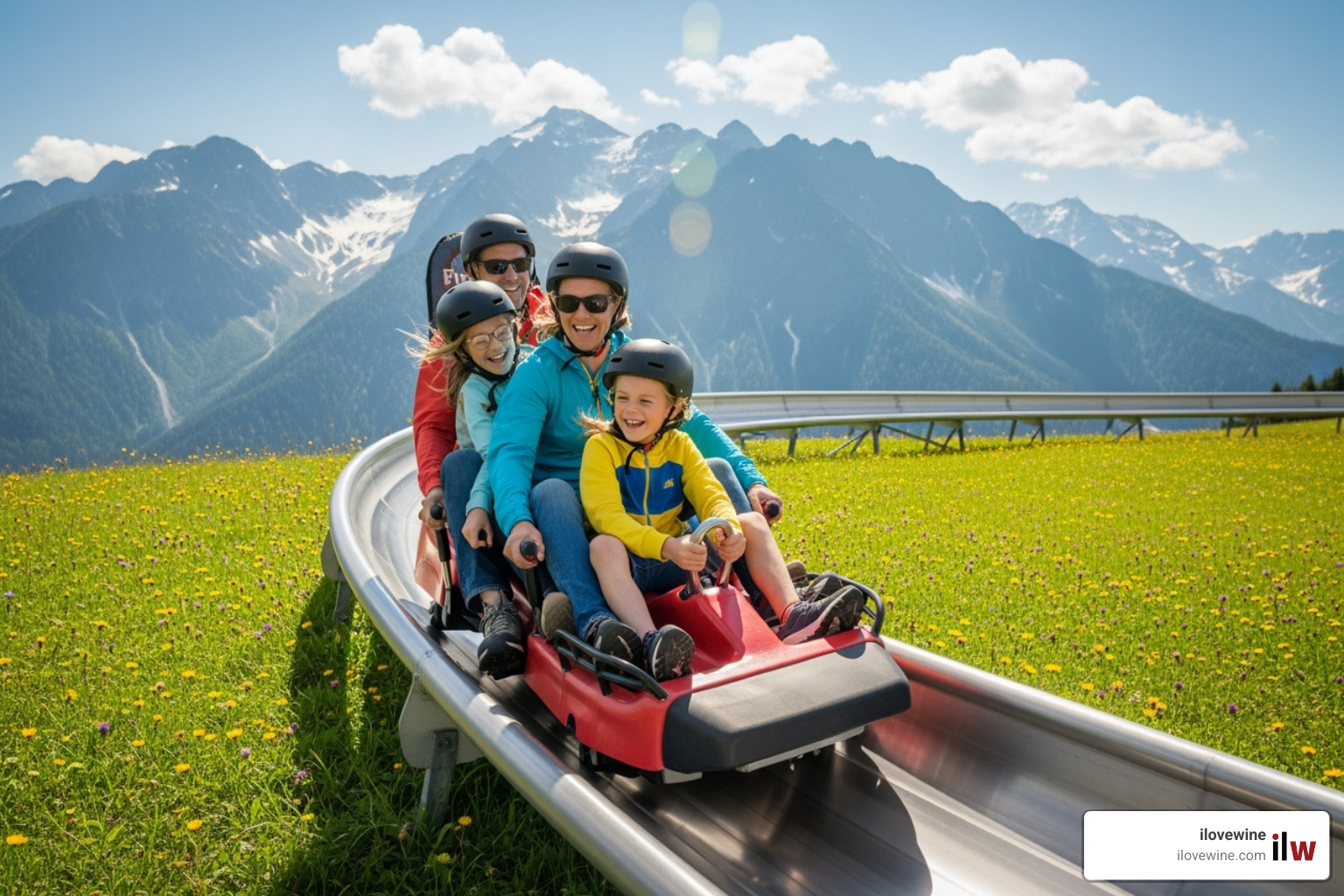 A family laughing on a summer toboggan run - Alps summer activities A family laughing on a summer toboggan run - Alps summer activities