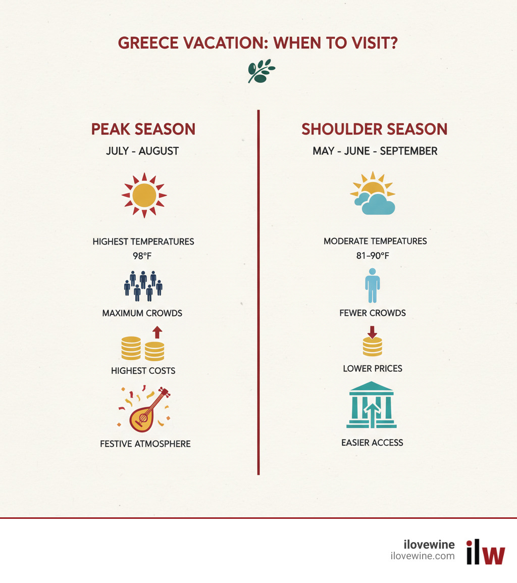 Infographic comparing Peak Season vs Shoulder Season in Greece, showing July-August with highest temperatures 98°F, maximum crowds, highest costs, and festive atmosphere versus May-June-September with moderate temperatures 81-90°F, fewer crowds, lower accommodation prices, and easier access to popular sites and restaurants - Greece summer vacation infographic 