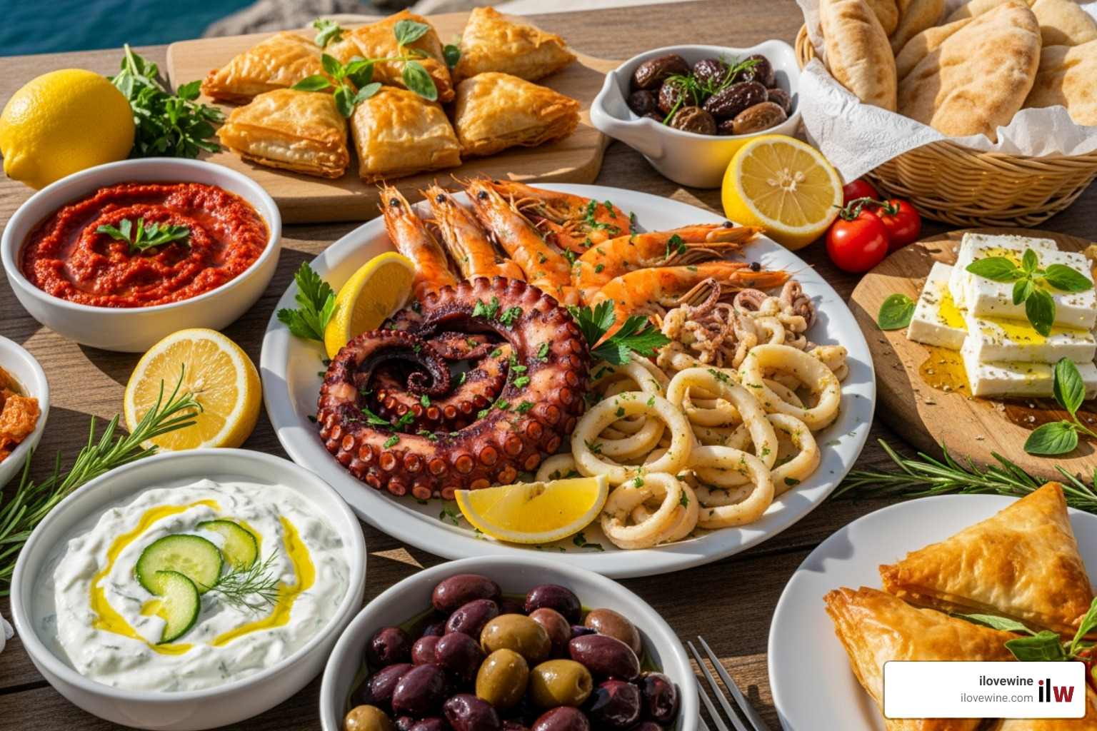 Table laden with Greek meze, including tzatziki, olives, and fresh seafood - Greece summer vacation