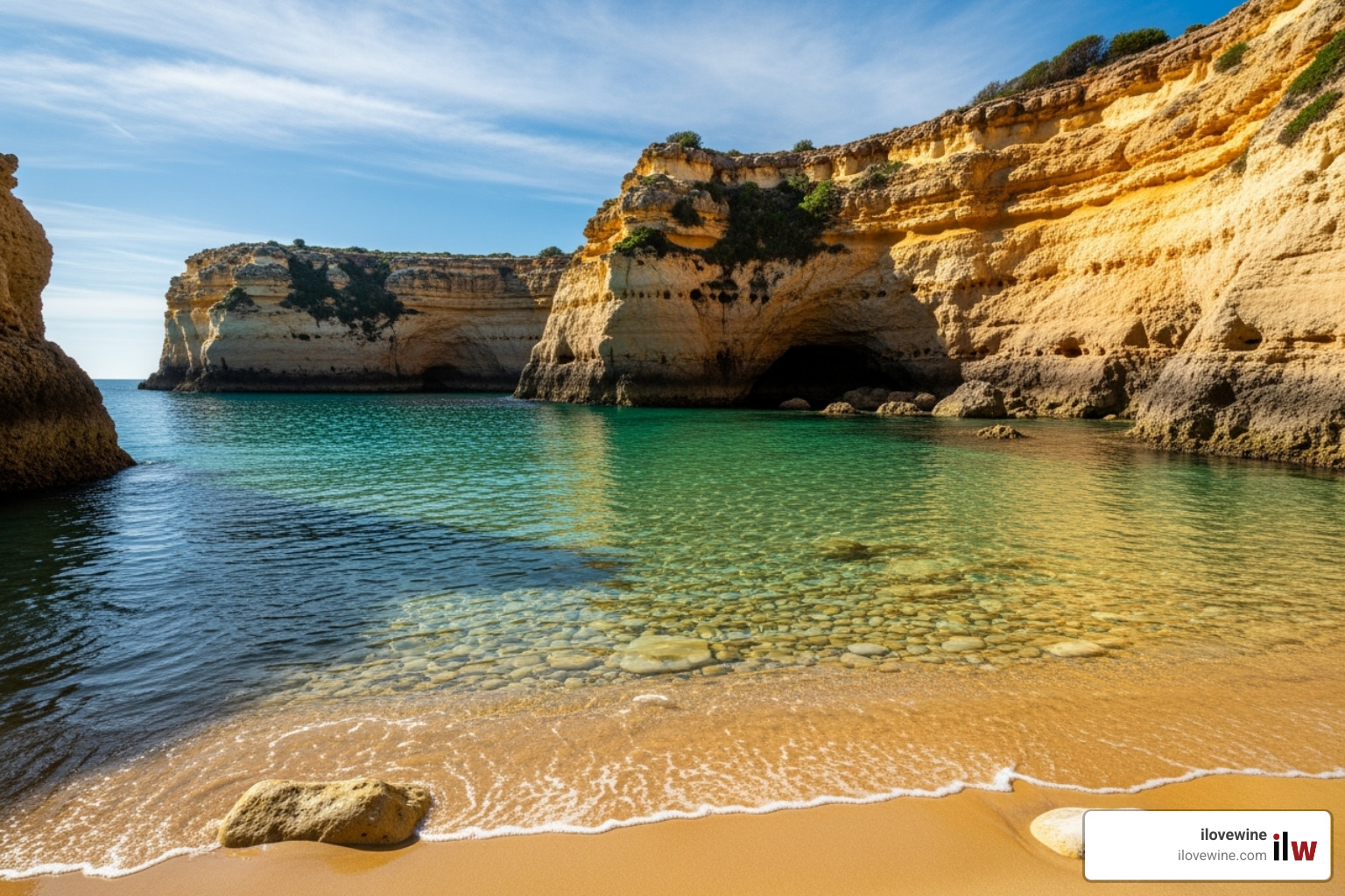 A secluded, tranquil cove with crystal-clear turquoise waters, framed by golden sand and dramatic, sun-drenched cliffs under a clear blue sky - Portugal summer tours A secluded, tranquil cove with crystal-clear turquoise waters, framed by golden sand and dramatic, sun-drenched cliffs under a clear blue sky - Portugal summer tours