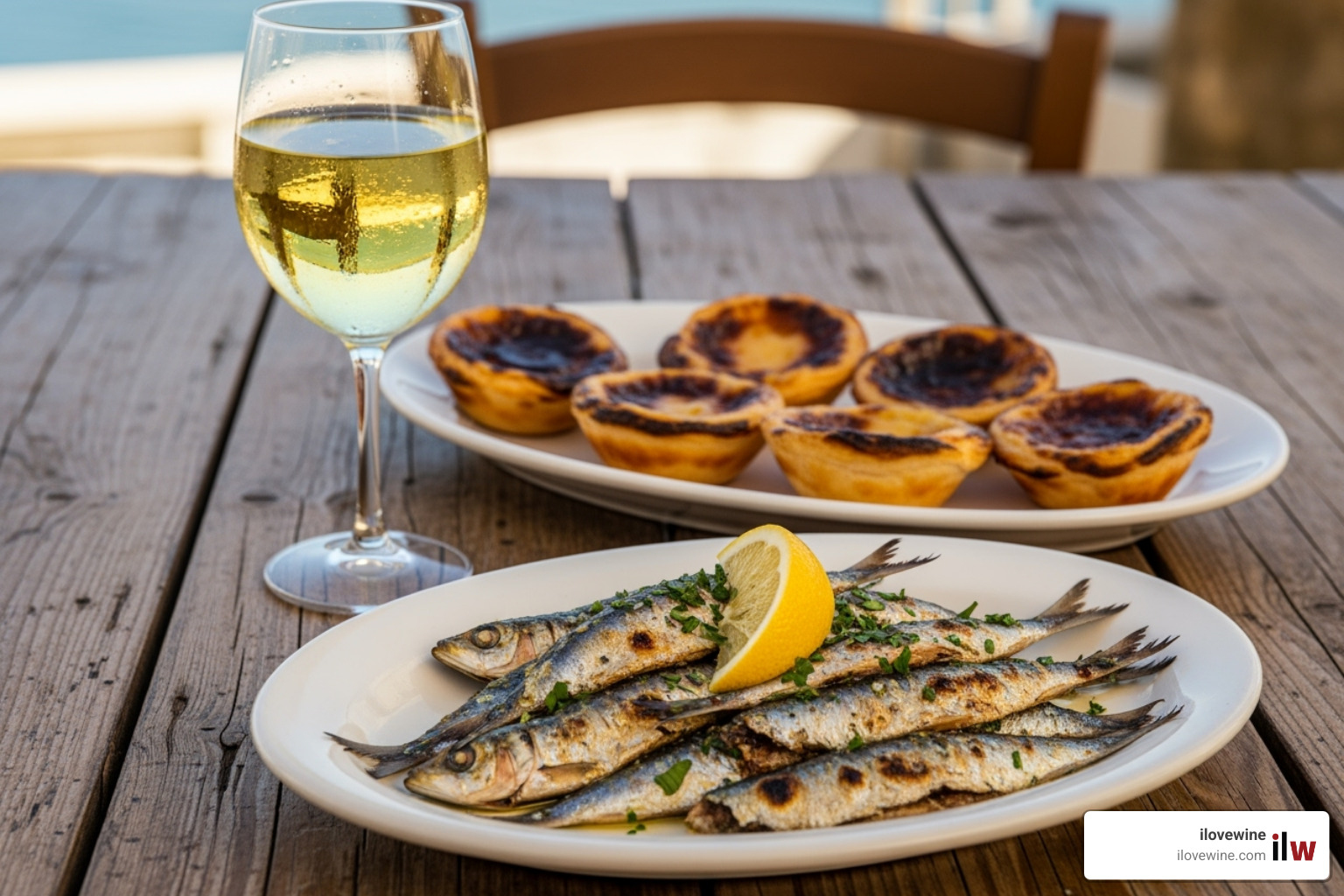 A rustic wooden table laden with traditional Portuguese summer fare: a plate of perfectly grilled sardines, a refreshing glass of Vinho Verde, and several iconic Pastéis de Nata on a white platter - Portugal summer tours A rustic wooden table laden with traditional Portuguese summer fare: a plate of perfectly grilled sardines, a refreshing glass of Vinho Verde, and several iconic Pastéis de Nata on a white platter - Portugal summer tours